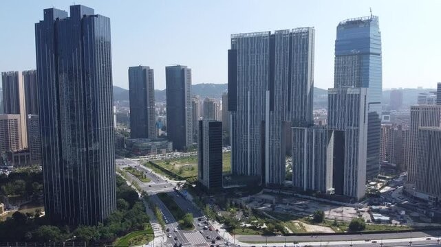 Aerial view of dalian port and financial center 