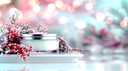 A white jar of cream sits on a white tray with pink flowers. The flowers are arranged in a way that they surround the jar, creating a sense of harmony and balance. Scene is serene and calming
