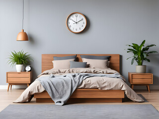 Naklejka premium Interior of modern bedroom with wooden bed, houseplants and alarm clock on bedside table