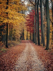 Obraz premium A dirt path leads through an autumn forest, the trees are ablaze with color, the leaves are changing.