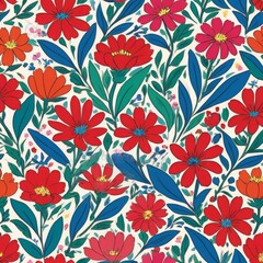 Red and Pink Flower Floral Leaf Seamless Pattern Background Wallpaper Backdrop