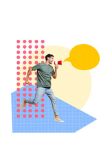 Vertical collage picture young man announce information speech textbox communication talk run go bullhorn activist checkered background