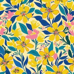 Yellow Flower Floral Blue Leaf Seamless Pattern on Yellow Background Wallpaper Backdrop