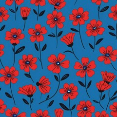 Fototapeta premium Red Flower Floral Leaf Seamless Pattern on Blue Background Wallpaper Backdrop
