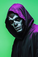 Portrait of an African American man with skeleton face paint, wearing a black hooded robe, copy space in the middle, in a neon green and deep purple studio background, Halloween theme, spooky