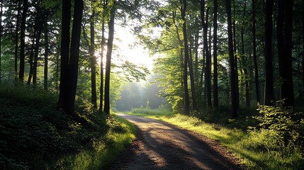 A dirt path winds through a lush, green forest with sunlight streaming through the trees.