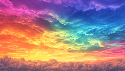 Obraz premium A dreamy sky transitioning from a golden sunset to a full spectrum of rainbow colors, giving off a vibrant yet calming feel