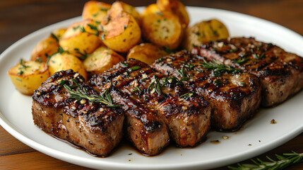 Juicy lamb chops with a rosemary garlic marinade, perfectly seared, served with roasted potatoes.