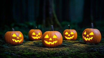 Obraz premium Pumpkins arranged in a circle in the center of a dark forest clearing