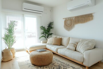 Cozy living room with natural decor and plants.