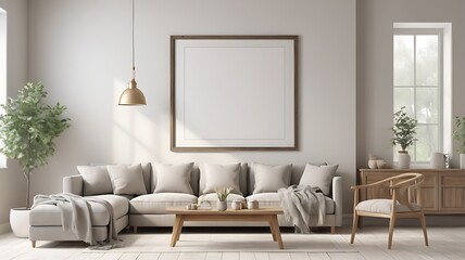 3D render of a mockup blank frame in a house living room