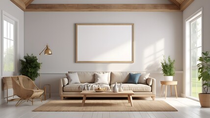 3D render of a mockup blank frame in a house living room