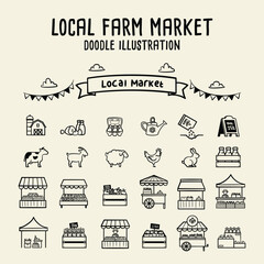 local farm market element illustration, outline illustration style, doodle illustration