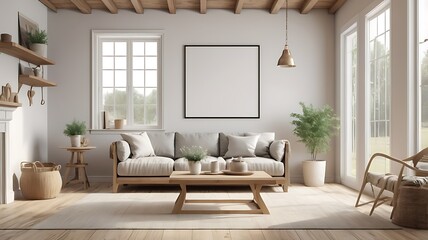 3D render of a mockup blank frame in a house living room