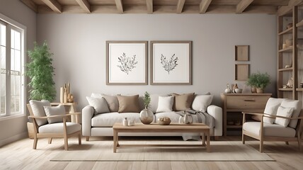 3D render of a mockup blank frame in a house living room