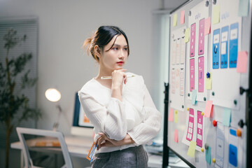 Asian woman working as a ux ui designer is thinking about a new design for a mobile application, standing in her office late at night in front of a whiteboard