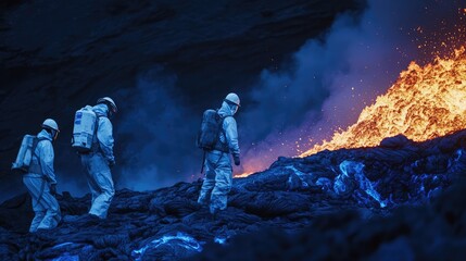 Obraz premium Scientists studying the unique properties of blue lava at a volcanic site