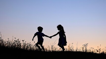 Two children are running in a field with the sun setting in the background