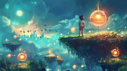 Obraz premium A child is standing on a hill looking at a city in the distance