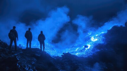 Fototapeta premium Scientists studying the unique properties of blue lava at a volcanic site
