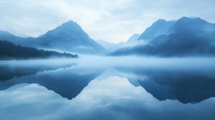 Misty mountains reflected in a serene lake at dawn