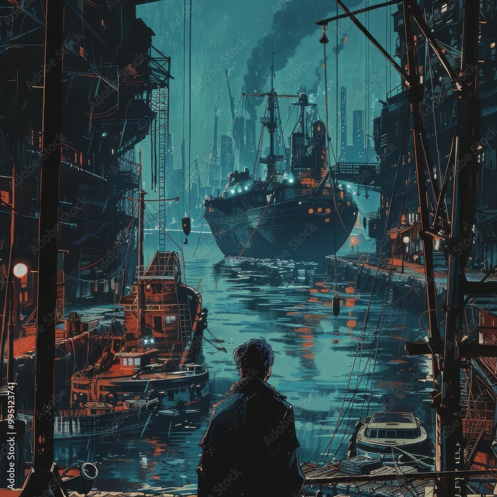 Poster lofi design featuring back view of a harbor.