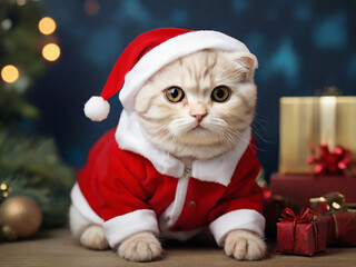 scottish fold cat in red santa claus costume for christmas new year holidays, AI generated