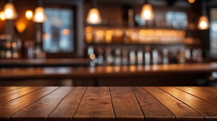 empty wooden brown table top on the background of a blurred bar