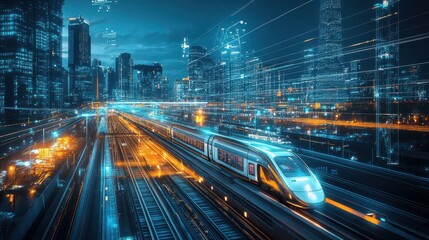 Obraz premium A futuristic smart city transportation system with elevated railways and automated vehicles under construction
