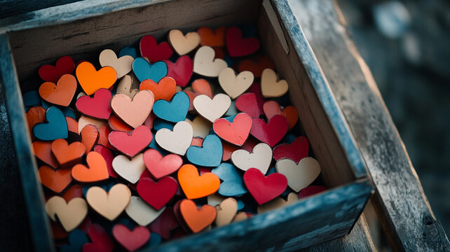 Colorful wooden hearts in a rustic box for Giving Tuesday celebration activities
