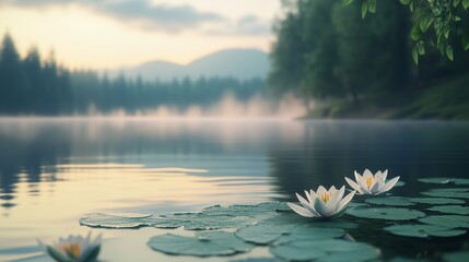 A serene dawn at the lake showcases shimmering waves, lilies, mist, and soft silhouettes of mountains.