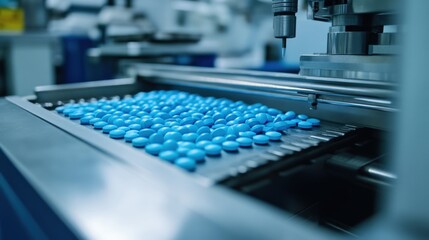 Obraz premium Close-up of blue pills on a conveyor belt in a pharmaceutical manufacturing facility, showcasing precision and production efficiency.