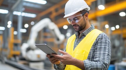A construction worker uses a tablet in a factory setting, wearing a hard hat and safety vest, ensuring workplace efficiency.