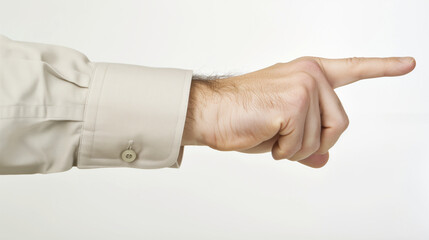 Obraz premium Businessman's Hand Pointing Direction on White Background, Symbolizing Business Focus and Growth Concept