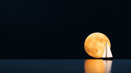 An enormous yellow moon reflects on the water. A silhouette of a sailboat against the moon. Black background, stars