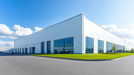 Fototapeta premium A modern industrial building with large windows and a bright exterior, surrounded by greenery and a clear blue sky.