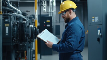 A worker in a hard hat examines a manual in a modern industrial setting, ensuring equipment safety and efficiency.