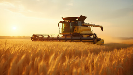 Obraz premium A combine harvester in a golden wheat field during harvest season symbolizing efficient crop production