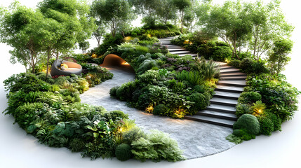 Obraz premium Landscaped Garden with Winding Path and Stone Steps