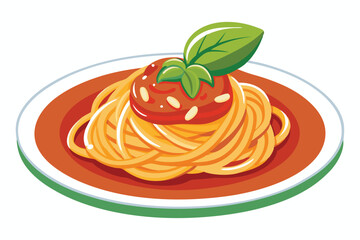 Spaghetti with tomato sauce and basil, illustration on white background.