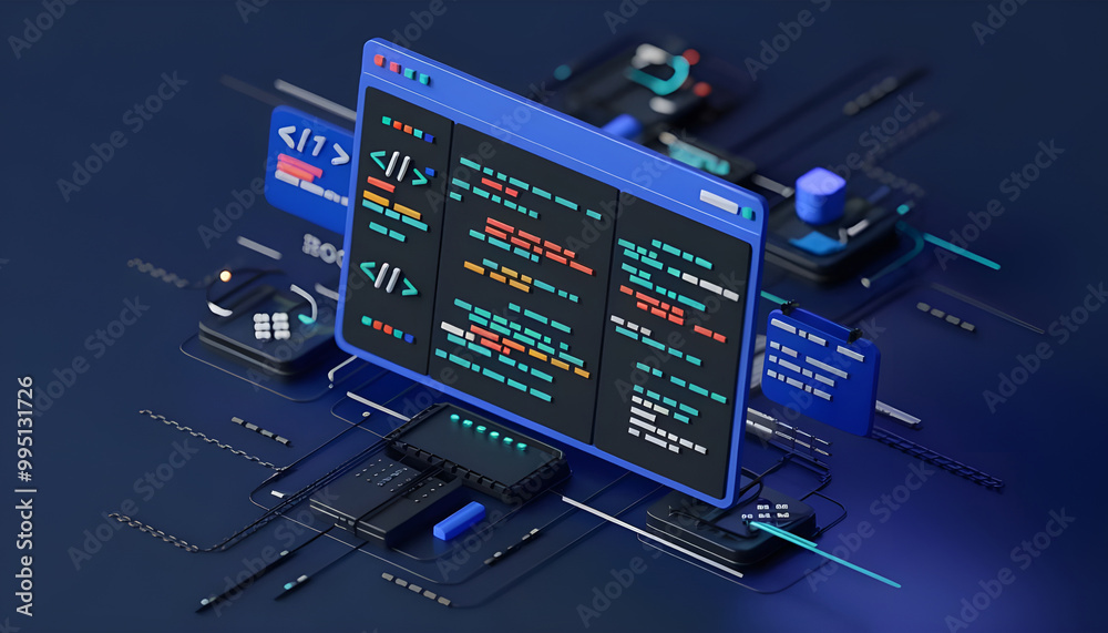 Fototapete abstract polygonal 3d illustration of computer screen and robotics in dark blue. innovative web deve