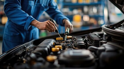 A mechanic in blue coveralls verifying various car fluids under the hood, with organized tools and equipment visible in the background. The engine is brightly lit, with reflections off the clean,