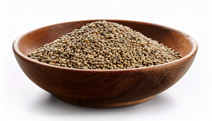 Bowl of hemp seeds on white background