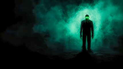 Fototapeta premium Sinister man with glowing eyes standing in foggy landscape