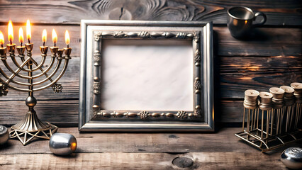 Border Frame Design with Dreidel and Menorah Symbols for Hanukkah Promotions - Modern White Copy Space Layout in Stock Photo Concept