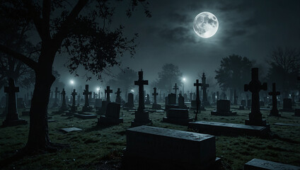 Halloween theme A dark, foggy cemetery at night. Many tombstones and trees are visible under a full moon.

