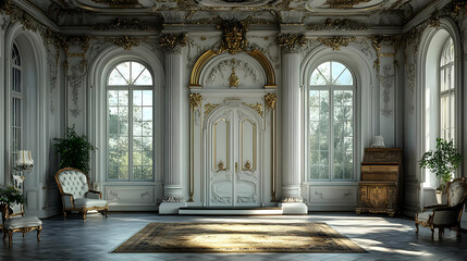 Obraz premium Elegant White Room with Gold Accents and Large Windows