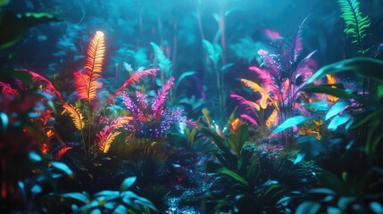 A bioluminescent forest where the plants emit a soft, colorful glow
