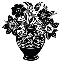 Vase with flowers and leaves, black and white silhouette illustration.