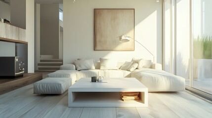 Top white wood table in living room background. 